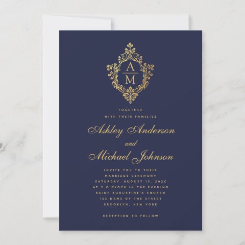 Monogram Navy Blue Faux Gold Vintage Crest Wedding Invitation