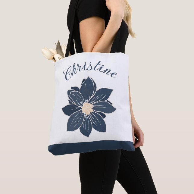 Monogram Navy Blue Flower Bridesmaid Gift Tote Bag (Close Up)