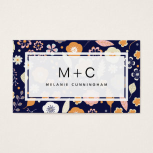 Monogram Navy Blue Flowers Business Cards