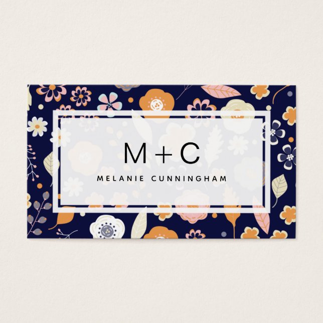 Monogram Navy Blue Flowers Business Cards (Front)