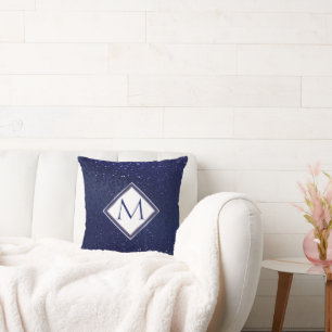 Monogram Navy Blue Glitter and Silver  Throw Pillow