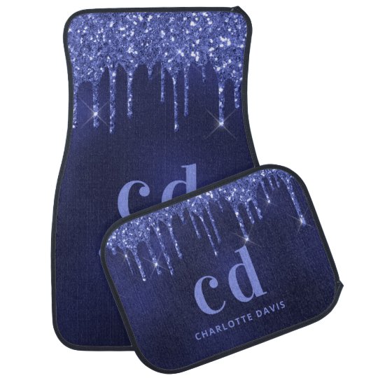 Monogram navy blue glitter drips luxurious car floor mat