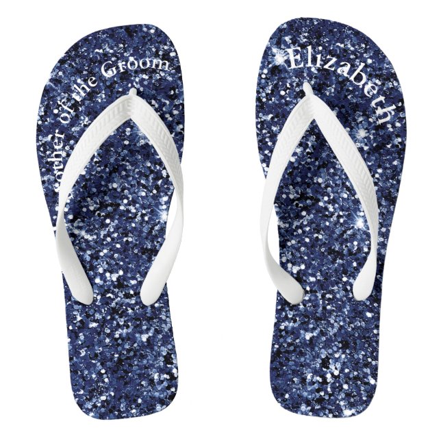 Monogram Navy Blue Glitter Mother of Bride Groom  Flip Flops (Footbed)