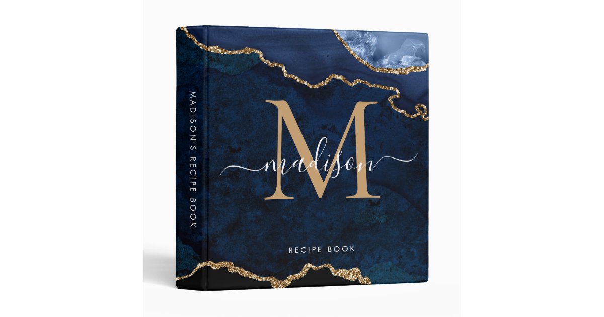 Monogram Navy Blue Gold Agate Geode Kitchen Recipe 3 Ring Binder | Zazzle