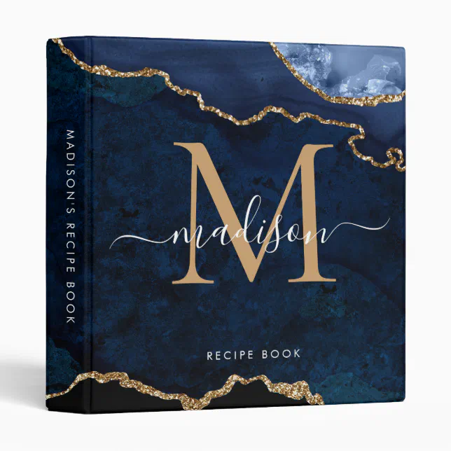 Monogram Navy Blue Gold Agate Geode Kitchen Recipe 3 Ring Binder | Zazzle