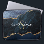 Monogram Navy Blue Gold Agate Geode Laptop Sleeve<br><div class="desc">This chic design features an elegant watercolor image of navy blue agate trimmed with faux gold glitter. Personalize it with your monogram initial in gold colored decorative font and your name in white handwriting script.</div>