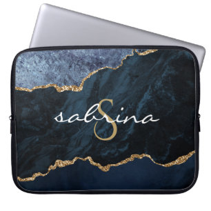 Monogram Navy Blue Gold Agate Geode Laptop Sleeve