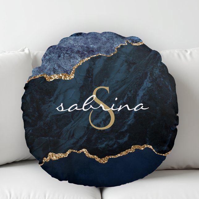 Monogram Navy Blue Gold Agate Geode Round Pillow (Creator Uploaded)