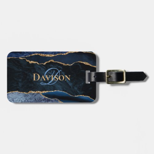 Monogram Navy Blue Gold Agate Geode Stylish Luggage Tag