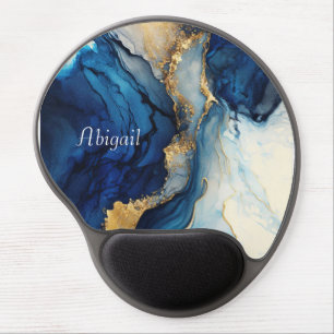 Monogram Navy Blue Gold Agate Marble Watercolor  Gel Mouse Pad