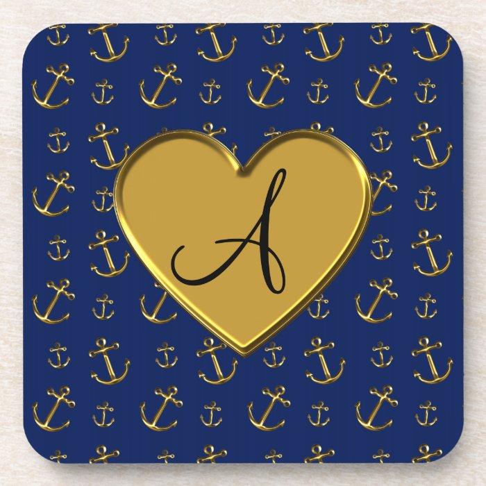 Monogram navy blue gold anchors gold heart beverage coasters