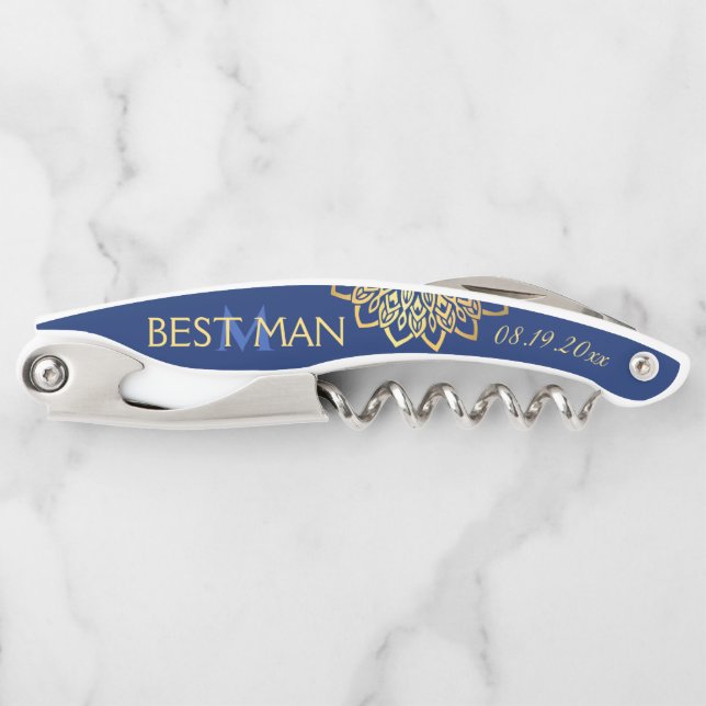 Monogram Navy Blue Gold Best Man Wedding Waiter's Corkscrew (Front)