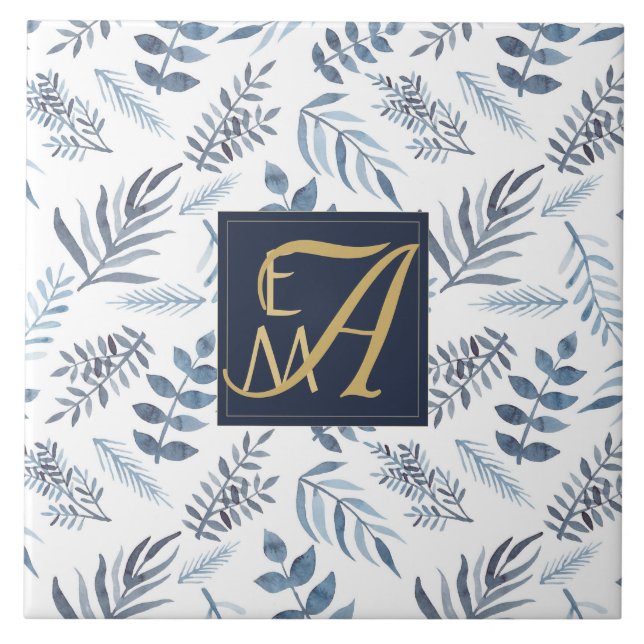 Monogram Navy Blue Gold Botanical Leaves Ferns Ceramic Tile (Front)