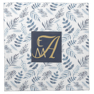 Monogram Navy Blue Gold Botanical Leaves Ferns Cloth Napkin
