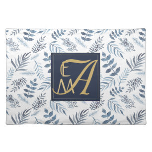 Monogram Navy Blue Gold Botanical Leaves Ferns Cloth Placemat