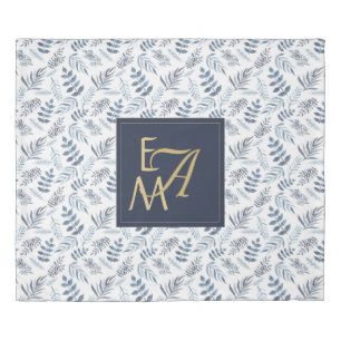 Monogram Navy Blue Gold Botanical Leaves Ferns Duvet Cover