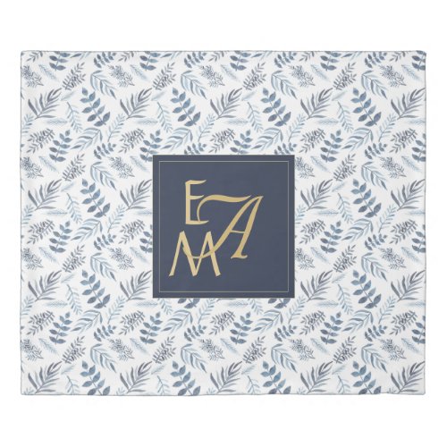 Monogram Navy Blue Gold Botanical Leaves Ferns