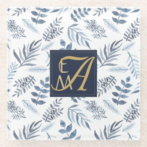 Monogram Navy Blue Gold Botanical Leaves Ferns Glass Coaster