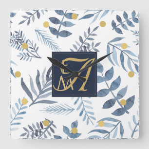 Monogram Navy Blue Gold Botanical Leaves Ferns Square Wall Clock