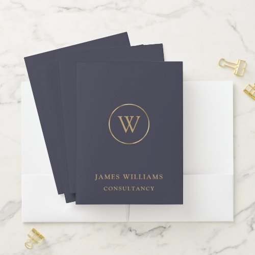 Monogram Navy Blue Gold Business Pocket Folder