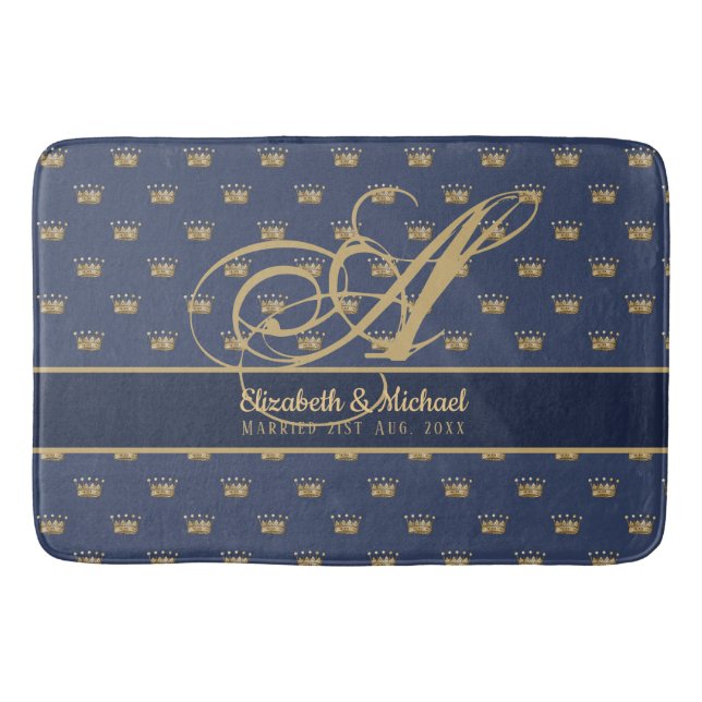 Monogram Navy Blue Gold Crown King Queen NEWLYWEDS Bath Mat (Front)