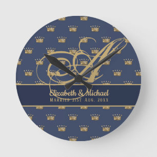 Monogram Navy Blue Gold Crown King Queen NEWLYWEDS Round Clock