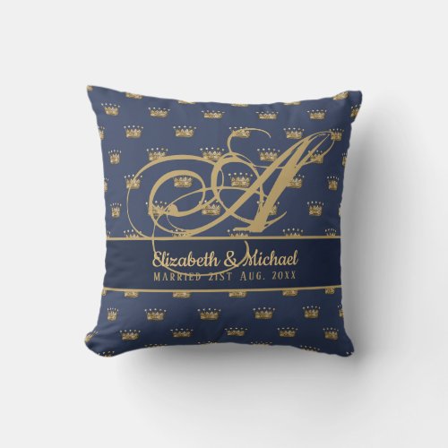 Monogram Navy Blue Gold Crown King Queen NEWLYWEDS Throw Pillow