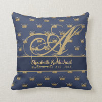 Monogram Navy Blue Gold Crown King Queen NEWLYWEDS Throw Pillow