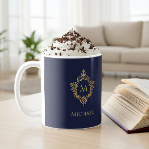 Monogram Navy Blue Gold Elegant Vintage Crest Name Coffee Mug