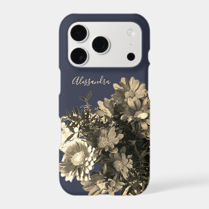 Monogram Navy Blue Gold Floral Bouquet Elegant iPhone 17 Pro Case