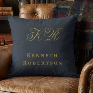 Monogram Navy Blue Gold Initials Men Minimalist Throw Pillow