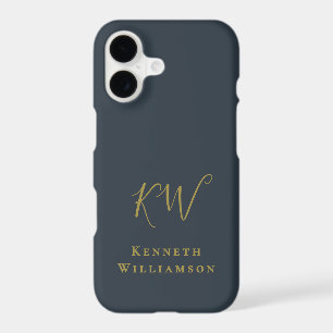 Monogram Navy Blue Gold Initials Minimalist Men iPhone 17 Case