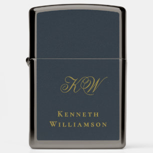 Monogram Navy Blue Gold Initials Minimalist Men  Zippo Lighter