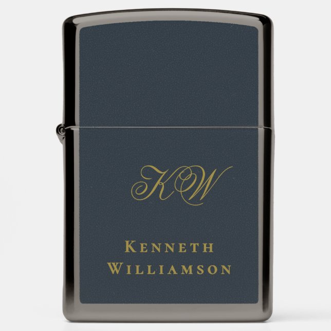 Monogram Navy Blue Gold Initials Minimalist Men  Zippo Lighter (Front)