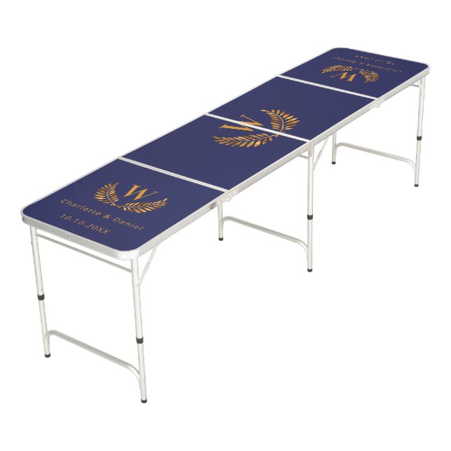 Monogram navy blue gold laurel wreath wedding beer pong table (Angled)