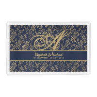 Monogram Navy Blue Gold Leaf Newlyweds Wedding Acrylic Tray