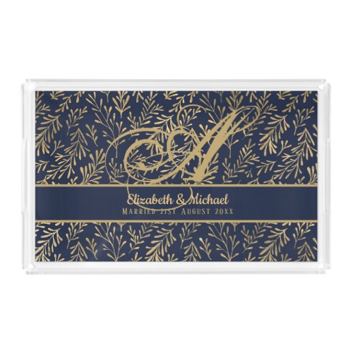 Monogram Navy Blue Gold Leaf Newlyweds Wedding Acrylic Tray