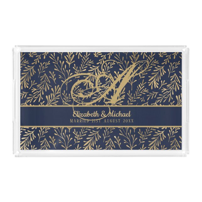 Monogram Navy Blue Gold Leaf Newlyweds Wedding Acrylic Tray (Front)