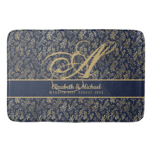 Monogram Navy Blue Gold Leaf Newlyweds Wedding Bath Mat