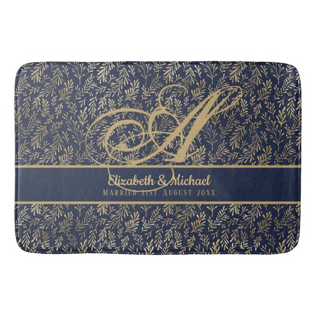 Monogram Navy Blue Gold Leaf Newlyweds Wedding Bath Mat (Front)