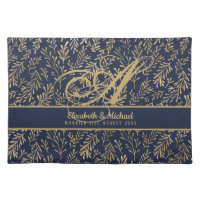 Monogram Navy Blue Gold Leaf Newlyweds Wedding Cloth Placemat