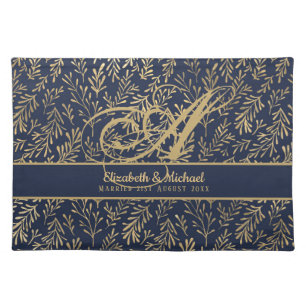 Monogram Navy Blue Gold Leaf Newlyweds Wedding Cloth Placemat