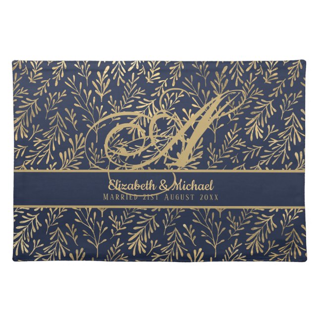 Monogram Navy Blue Gold Leaf Newlyweds Wedding Cloth Placemat (Front)