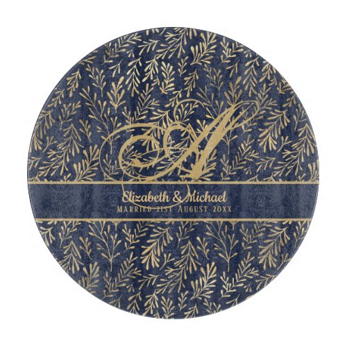 Monogram Navy Blue Gold Leaf Newlyweds Wedding Cutting Board
