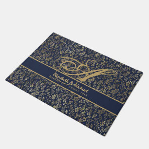 Monogram Navy Blue Gold Leaf Newlyweds Wedding Doormat