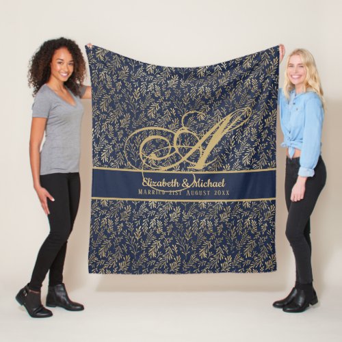 Monogram Navy Blue Gold Leaf Newlyweds Wedding Fleece Blanket