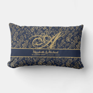 Monogram Navy Blue Gold Leaf Newlyweds Wedding Lumbar Pillow