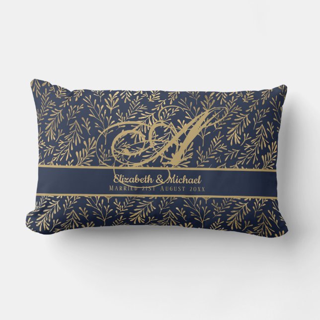 Monogram Navy Blue Gold Leaf Newlyweds Wedding Lumbar Pillow (Front)