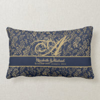 Monogram Navy Blue Gold Leaf Newlyweds Wedding Lumbar Pillow