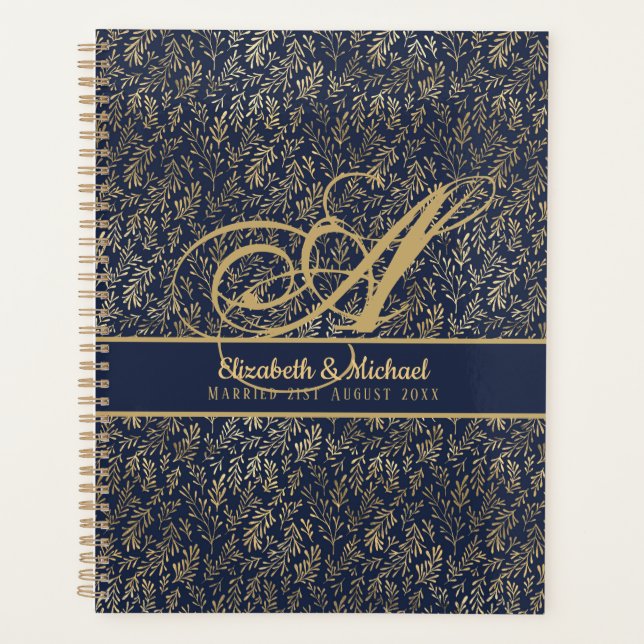 Monogram Navy Blue Gold Leaf Newlyweds Wedding Planner (Front)